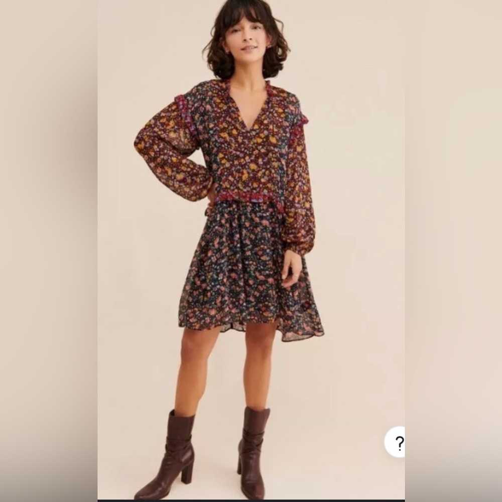 Anthropologie Helene Tunic Dress Black Floral Ruffled Chiffon